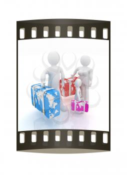 Family travel concept on a white background. The film strip