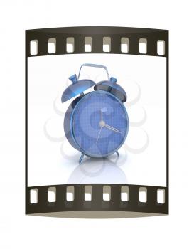 3d illustration of glossy alarm clock against white background. The film strip