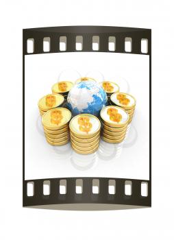 Gold dollar coin stack around the Earth isolated on white. The film strip