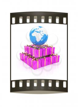 Bright christmas gifts on a white background. The film strip