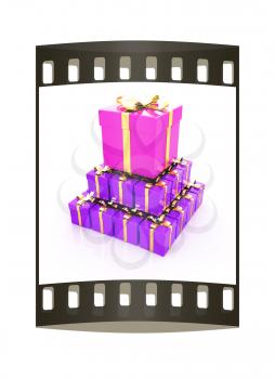 Bright christmas gifts on a white background. The film strip