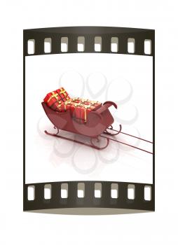 Christmas Santa sledge with gifts on a white background. The film strip