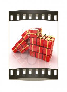 Bright christmas gifts on a white background. The film strip