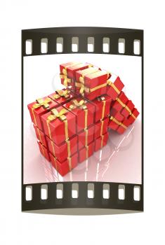 Bright christmas gifts on a white background. The film strip