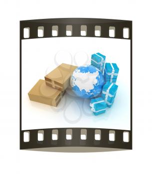 Cardboard boxes, gifts and earth on a white background. The film strip