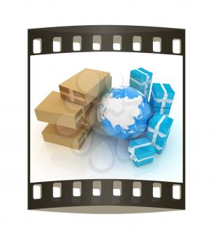 Cardboard boxes, gifts and earth on a white background. The film strip