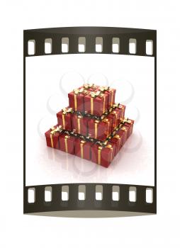 Bright christmas gifts on a white background. The film strip 