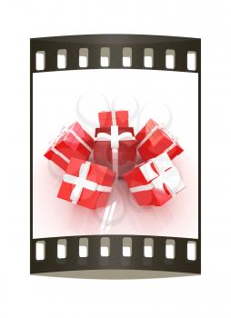 Bright christmas gifts on a white background. The film strip