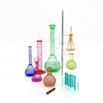 Chemistry set, with test tubes, and beakers filled with colored liquids