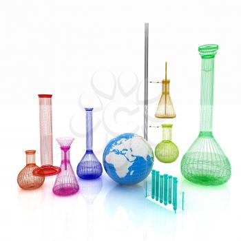 Chemistry set, with test tubes, and beakers filled with colored liquids and Earth