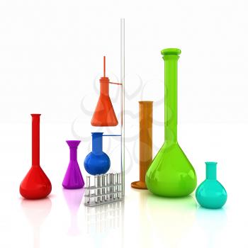 Chemistry set, with test tubes, and beakers filled with colored liquids