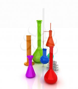 Chemistry set, with test tubes, and beakers filled with colored liquids