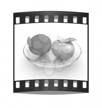 Citrus and apple on a white background. The film strip