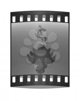 icon dollar sign on podium on reflection blue gradient background. The film strip