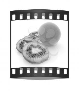 slices of kiwi and orange on a white. The film strip