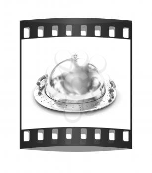Chrome restaurant cloche on a white background. The film strip