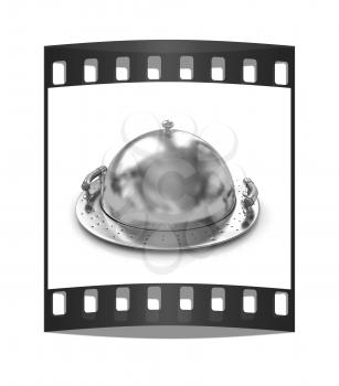 Gold restaurant cloche on a white background. The film strip