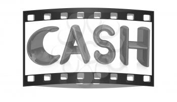 3d illustration of text 'cash' on a white background. The film strip