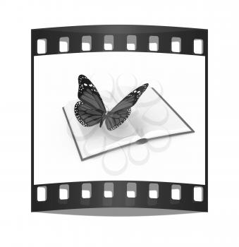 butterfly on a book on a white background. The film strip