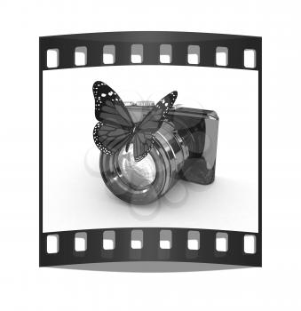 3d illustration of photographic camera and butterfly on white background. The film strip