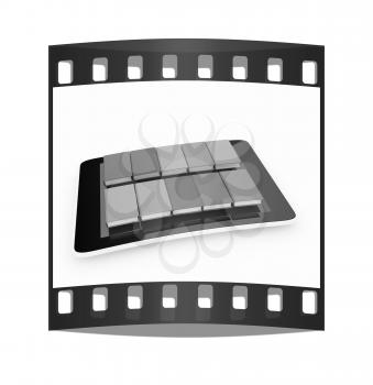 tablet pc and colorful real books on white background. The film strip