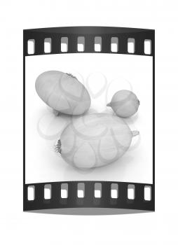 Ripe onion on a white background. The film strip