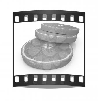 half oranges on a white background. The film strip