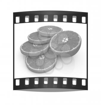 half oranges on a white background. The film strip