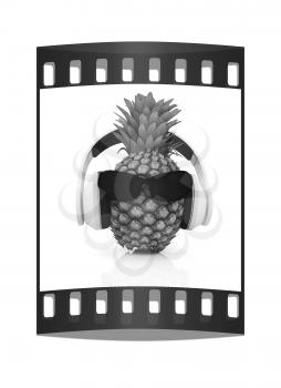 Pineapple with sun glass and headphones front face on a white background. The film strip