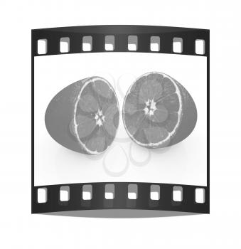 half oranges on a white background. The film strip