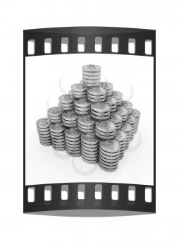 Gold dollar coins on a white background. The film strip