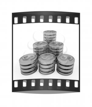 Gold dollar coins on a white background. The film strip