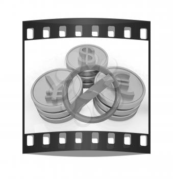 gold coins with 3 major currencies and prohibitive sign on a white background. The film strip