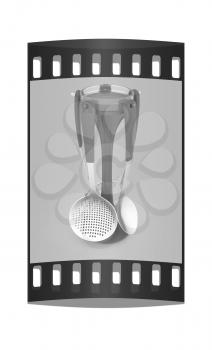 cutlery on a light gray background. The film strip