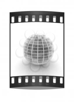 abstract 3d sphere with blue mosaic design on a white background. The film strip