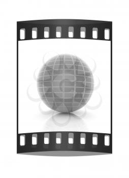 Abstract 3d sphere with blue mosaic design on a white background. The film strip