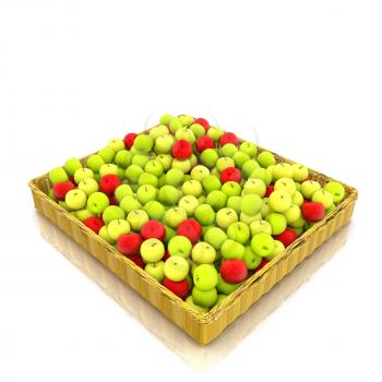 Wicker basket full of apples isolated on white