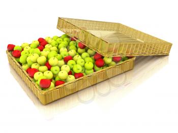 Wicker basket full of apples isolated on white