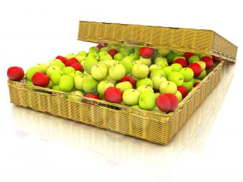 Wicker basket full of apples isolated on white