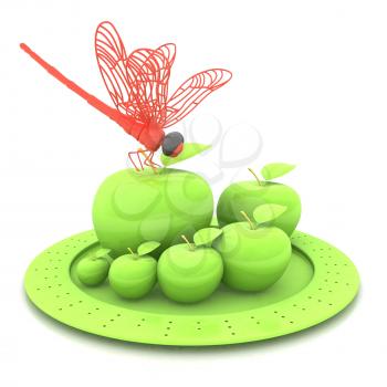 Dragonfly on apple on Serving dome or Cloche. Natural eating concept