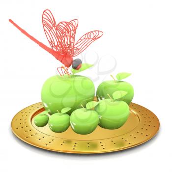 Dragonfly on apple on Serving dome or Cloche. Natural eating concept