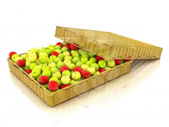 Wicker basket full of apples isolated on white