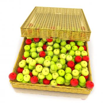 Wicker basket full of apples isolated on white