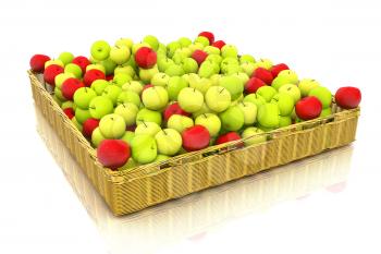 Wicker basket full of apples isolated on white