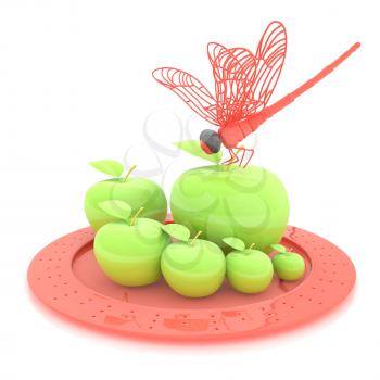 Dragonfly on apple on Serving dome or Cloche. Natural eating concept
