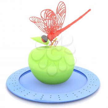 Dragonfly on apple on Serving dome or Cloche. Natural eating concept