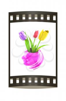 Tulips with leaf in vase