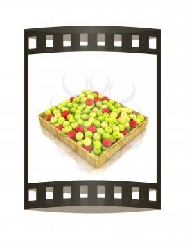 Wicker basket full of apples isolated on white