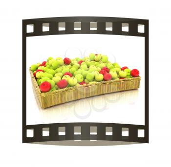 Wicker basket full of apples isolated on white