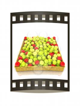 Wicker basket full of apples isolated on white